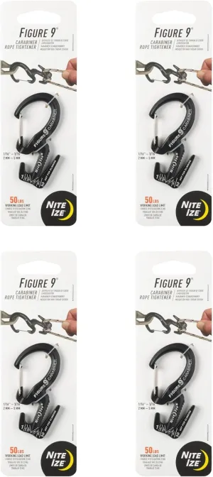 Nite Ize Figure 9 Carabiner Rope Tightener - Heavy-Duty Carabiner Clip - Cord & Rope Tightener with Wire Gate - Carabiner Camping Accessories & Tent Essentials - Small, Black (4 Pack)