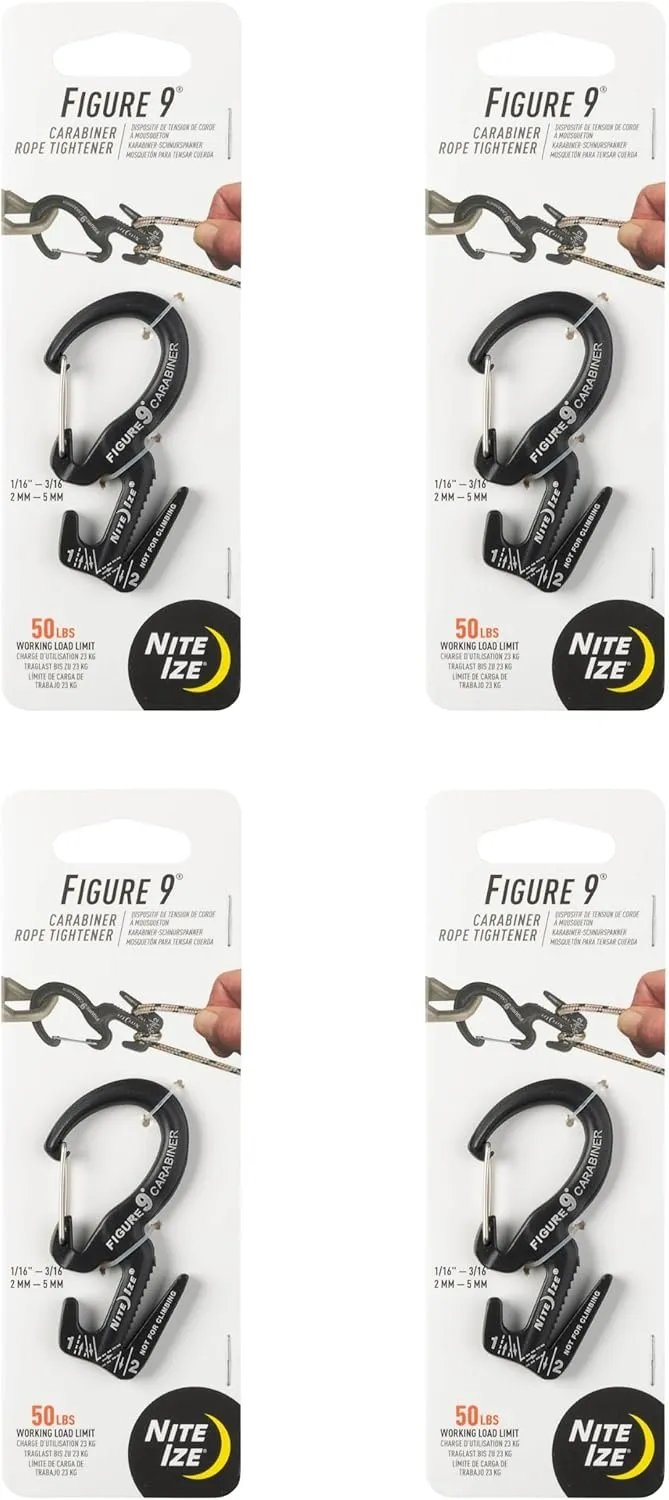 Nite Ize Figure 9 Carabiner Rope Tightener - Heavy-Duty Carabiner Clip - Cord & Rope Tightener with Wire Gate - Carabiner Camping Accessories & Tent Essentials - Small, Black (4 Pack)