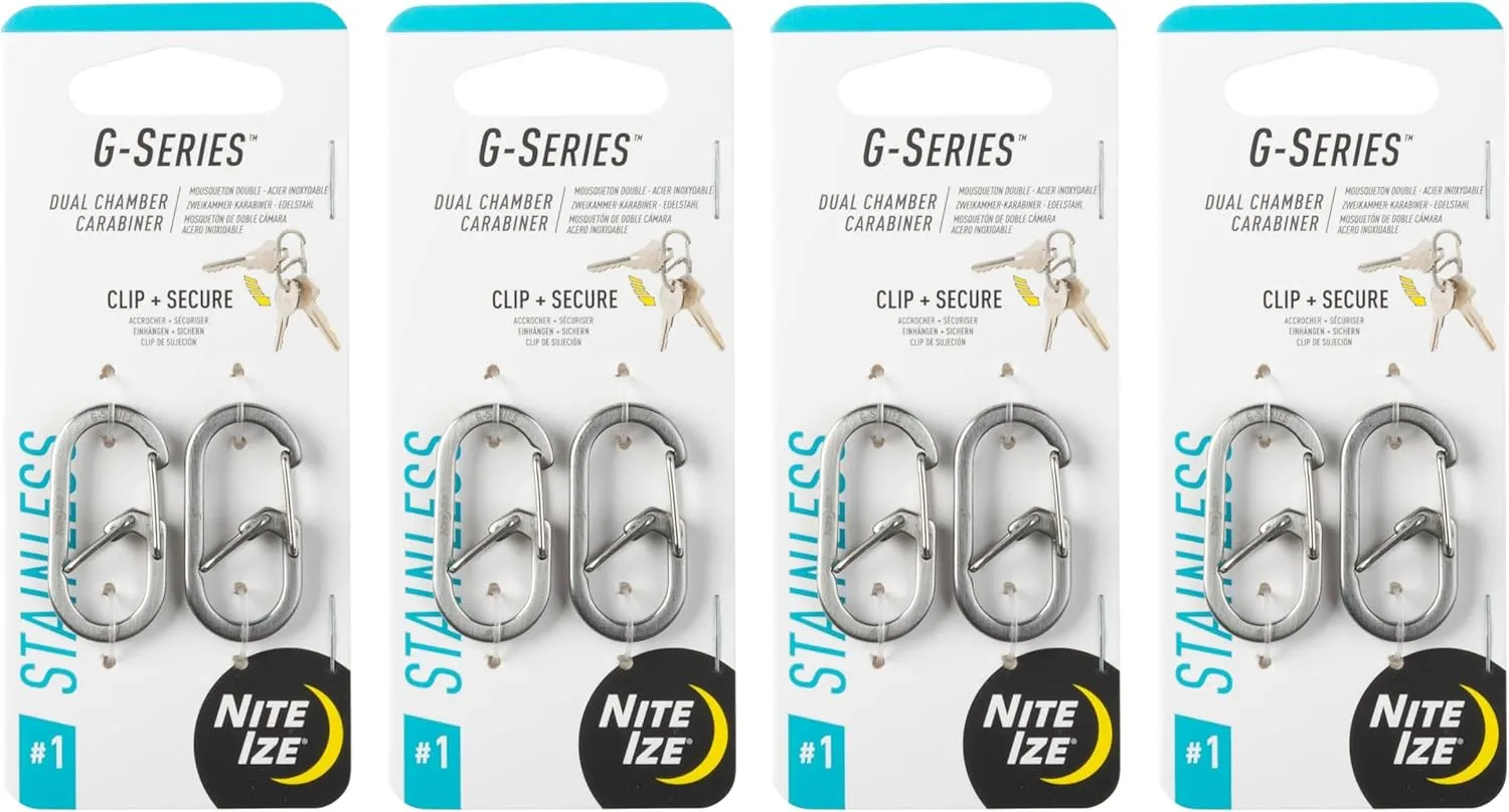 Nite Ize G-Series Dual Chamber Carabiner - Heavy-Duty Key Organizer Carabiner Clip - Dual Chamber Carabiner with Wire Gate Closure - Stainless Steel, Size 1 (4 Pack)