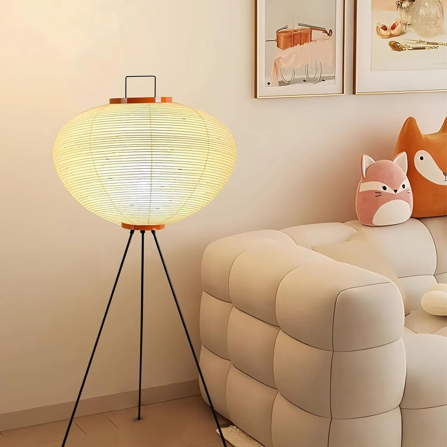 Noguchi Style Akari Lantern Floor Lamp - Japanese Rice Paper Lamp - White Paper Lantern (Cream, Black, Orange)