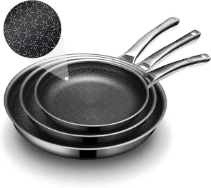 Non Stick Frying Pans Set,Hybrid Pan Set(8 10 12inch) Frying Pans Nonstick for cooking,PFOA Free Induction Cookware Sets,non stick Stainless Steel Skillets,Dishwasher and Oven Safe Kitchen set