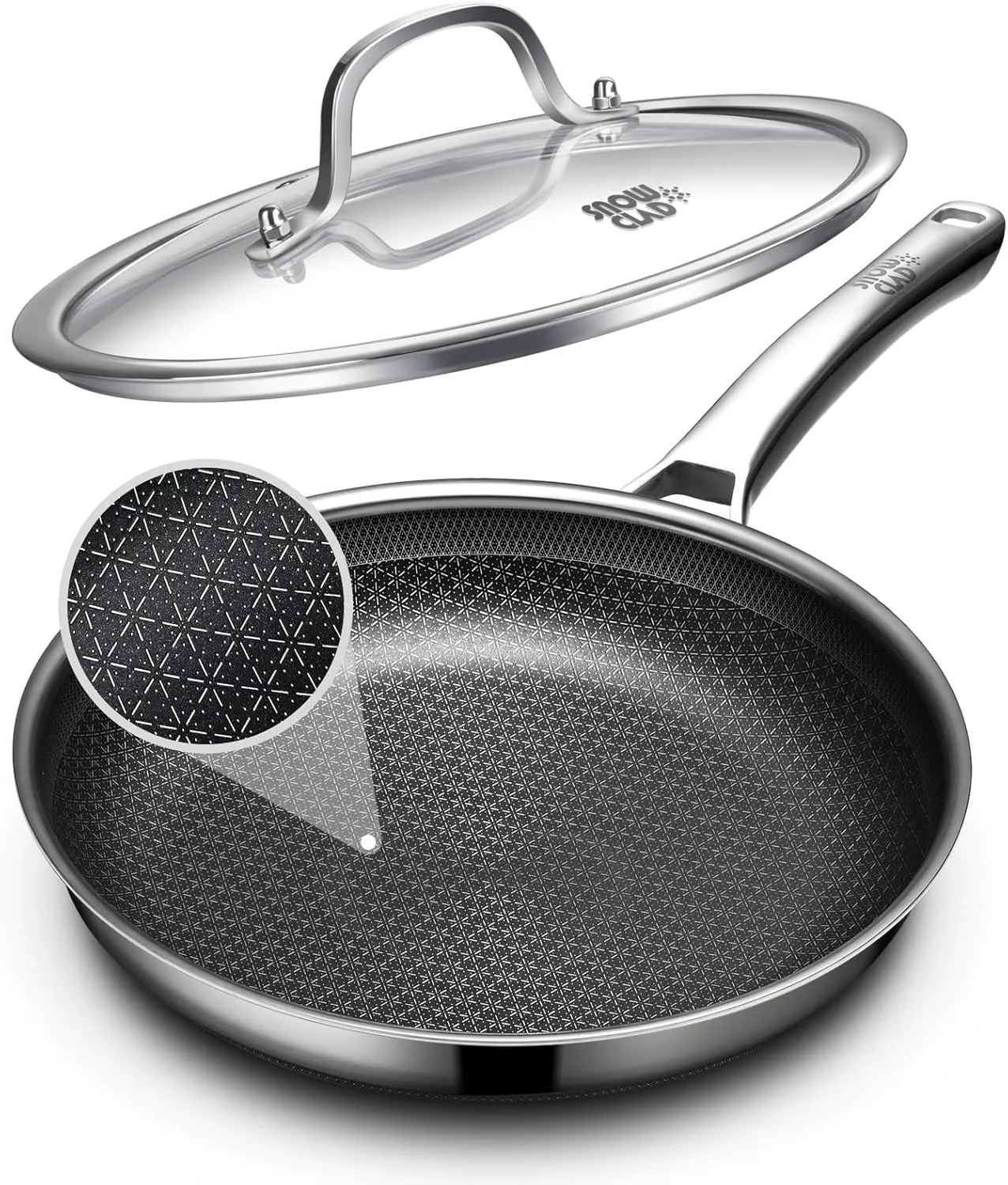 Non Stick Frying Pans with lid, 12 inch Hybrid Frying Pans Nonstick,non stick Stainless Steel Skillets, Dishwasher and Oven-Safe Chef Pan, Induction Compatible Cooking Pan, PFOA Free Cookware