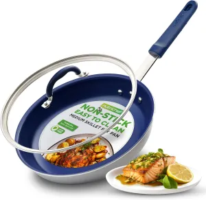 NutriChef 10" Fry Pan With Lid - Medium Skillet Nonstick Frying Pan with Silicone Handle, Ceramic Coating, Blue Silicone Handle, Stain-Resistant And Easy To Clean, Professional Home Cookware