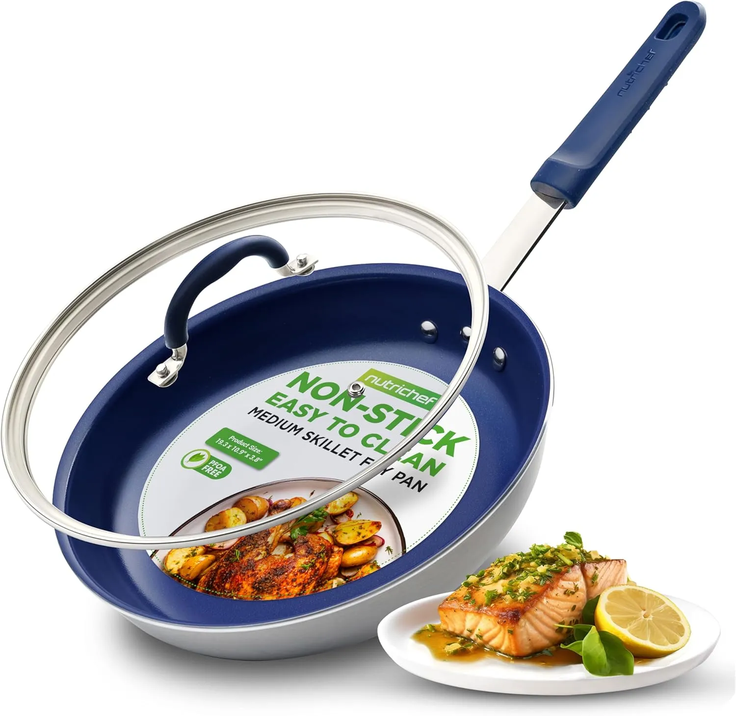 NutriChef 10" Fry Pan With Lid - Medium Skillet Nonstick Frying Pan with Silicone Handle, Ceramic Coating, Blue Silicone Handle, Stain-Resistant And Easy To Clean, Professional Home Cookware