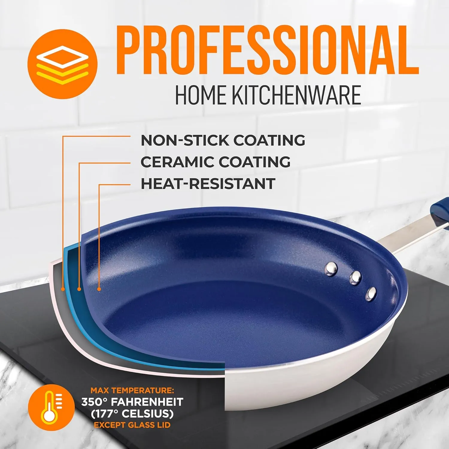 NutriChef 10" Fry Pan With Lid - Medium Skillet Nonstick Frying Pan with Silicone Handle, Ceramic Coating, Blue Silicone Handle, Stain-Resistant And Easy To Clean, Professional Home Cookware