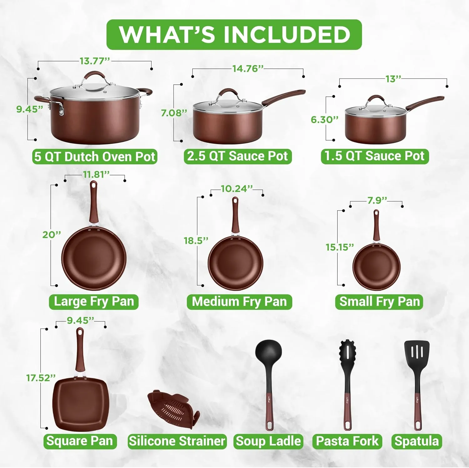 NutriChef 20 Piece Professional Home Kitchen Cookware and Bakeware, Pots and Pans Set Non Stick Kitchenware, Cool-Touch Handles, Safe for Gas, Electric, Induction Cooktops, Easy Clean, Brown