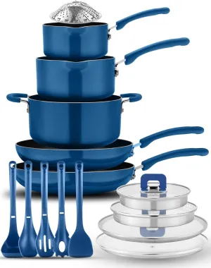 NutriChef Kitchenware Cookware, Non-Stick Pans, and Pots with foldable Knob, Space Saving, Stackable, Nylon -Tools, Induction Base, Brown, 17-Pc Set