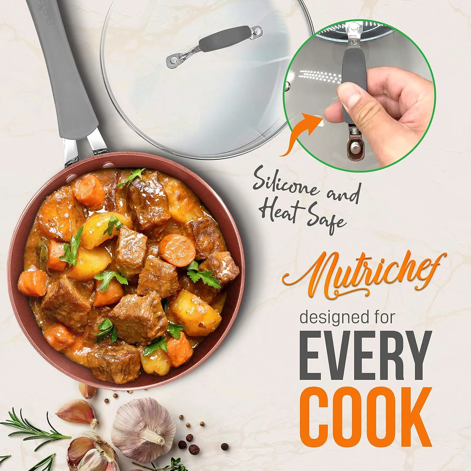 NutriChef Nonstick Cookware Excilon |Home Kitchen Ware Pots & Pan Set with Saucepan, Frying Pans, Cooking Pots, Lids, Utensil PTFE/PFOA/PFOS free, 11 Pcs, Gray