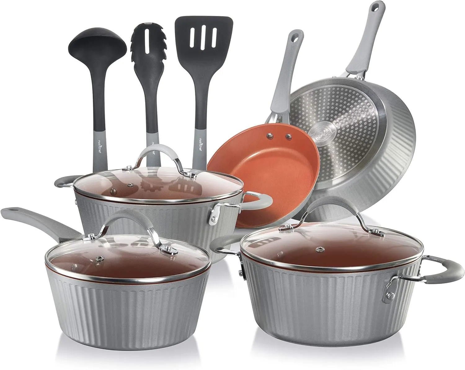 NutriChef Nonstick Cookware Excilon |Home Kitchen Ware Pots & Pan Set with Saucepan, Frying Pans, Cooking Pots, Lids, Utensil PTFE/PFOA/PFOS free, 11 Pcs, Gray