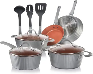 NutriChef Nonstick Cookware Excilon |Home Kitchen Ware Pots & Pan Set with Saucepan, Frying Pans, Cooking Pots, Lids, Utensil PTFE/PFOA/PFOS free, 11 Pcs, Gray