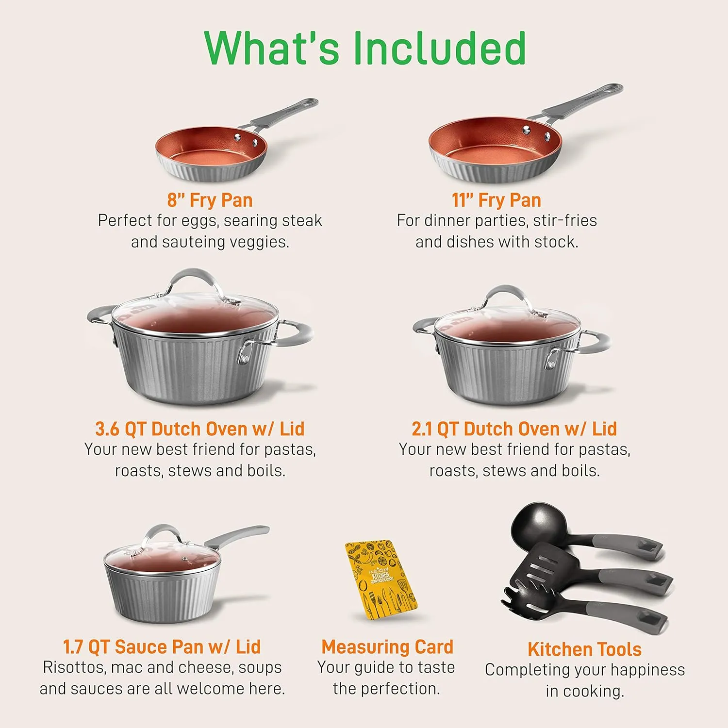 NutriChef Nonstick Cookware Excilon |Home Kitchen Ware Pots & Pan Set with Saucepan, Frying Pans, Cooking Pots, Lids, Utensil PTFE/PFOA/PFOS free, 11 Pcs, Gray