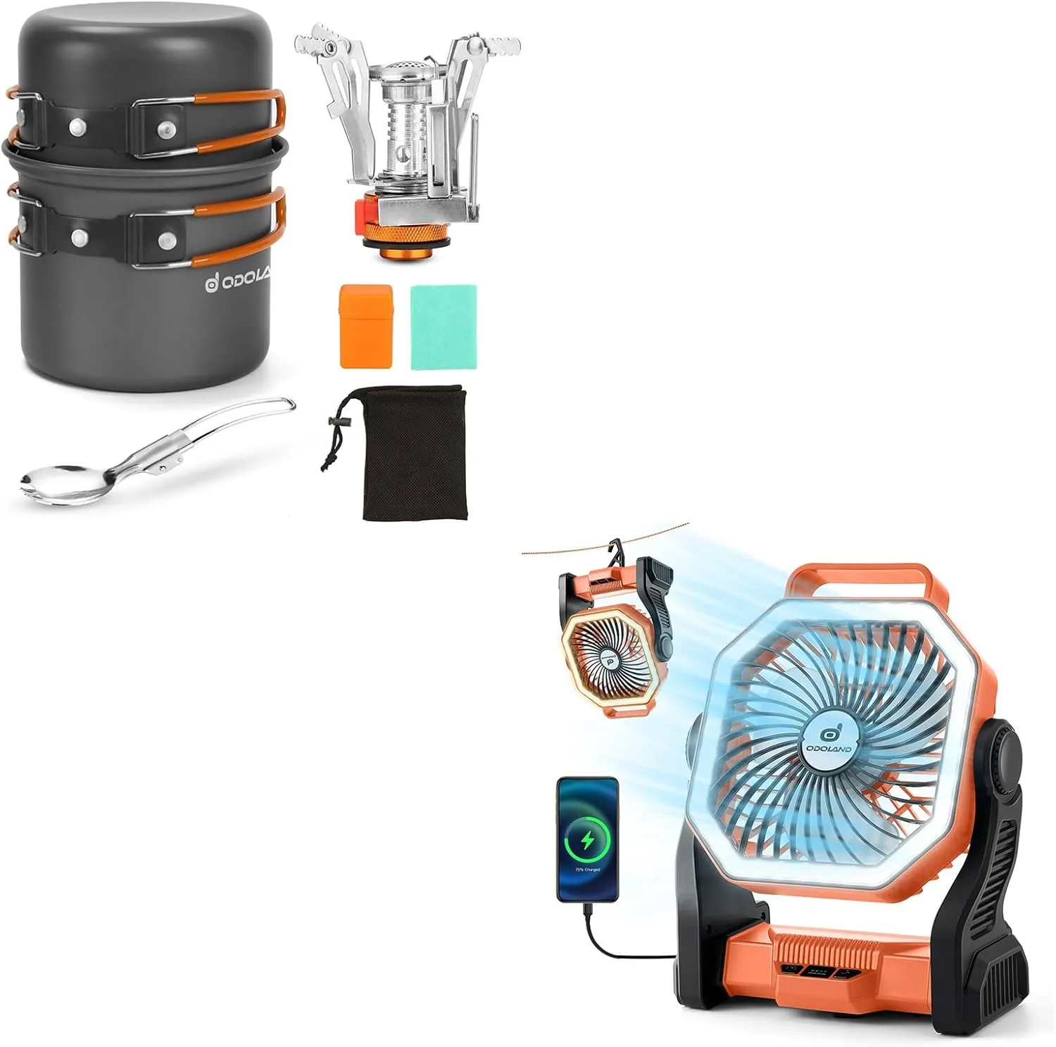 Odoland Bundle - 2 Items 6pcs Camping Cookware Mess Kit and LED Camping Lantern with Fan