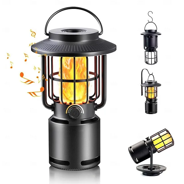 Outdoor Bluetooth Speakers V5.1 Gravity Sensor LED Camping Lantern IP65 Led Dimmable 10W Flame Atmosphere Rotatable Lights Wireless Portable Speaker with Hook