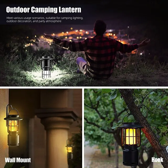 Outdoor Bluetooth Speakers V5.1 Gravity Sensor LED Camping Lantern IP65 Led Dimmable 10W Flame Atmosphere Rotatable Lights Wireless Portable Speaker with Hook