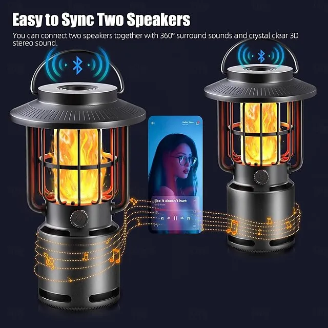 Outdoor Bluetooth Speakers V5.1 Gravity Sensor LED Camping Lantern IP65 Led Dimmable 10W Flame Atmosphere Rotatable Lights Wireless Portable Speaker with Hook