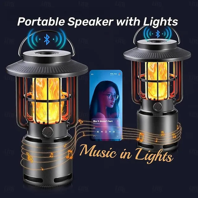 Outdoor Bluetooth Speakers V5.1 Gravity Sensor LED Camping Lantern IP65 Led Dimmable 10W Flame Atmosphere Rotatable Lights Wireless Portable Speaker with Hook