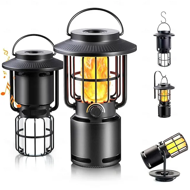 Outdoor Bluetooth Speakers V5.1 Gravity Sensor LED Camping Lantern IP65 Led Dimmable 10W Flame Atmosphere Rotatable Lights Wireless Portable Speaker with Hook