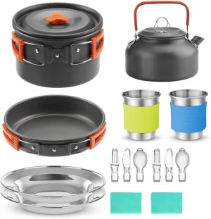 Outdoor Camping Cookware Kit Food Grade BPA Free Non-Stick Design Large Size Hanging Pot Pan Kettle with Base Cook Set