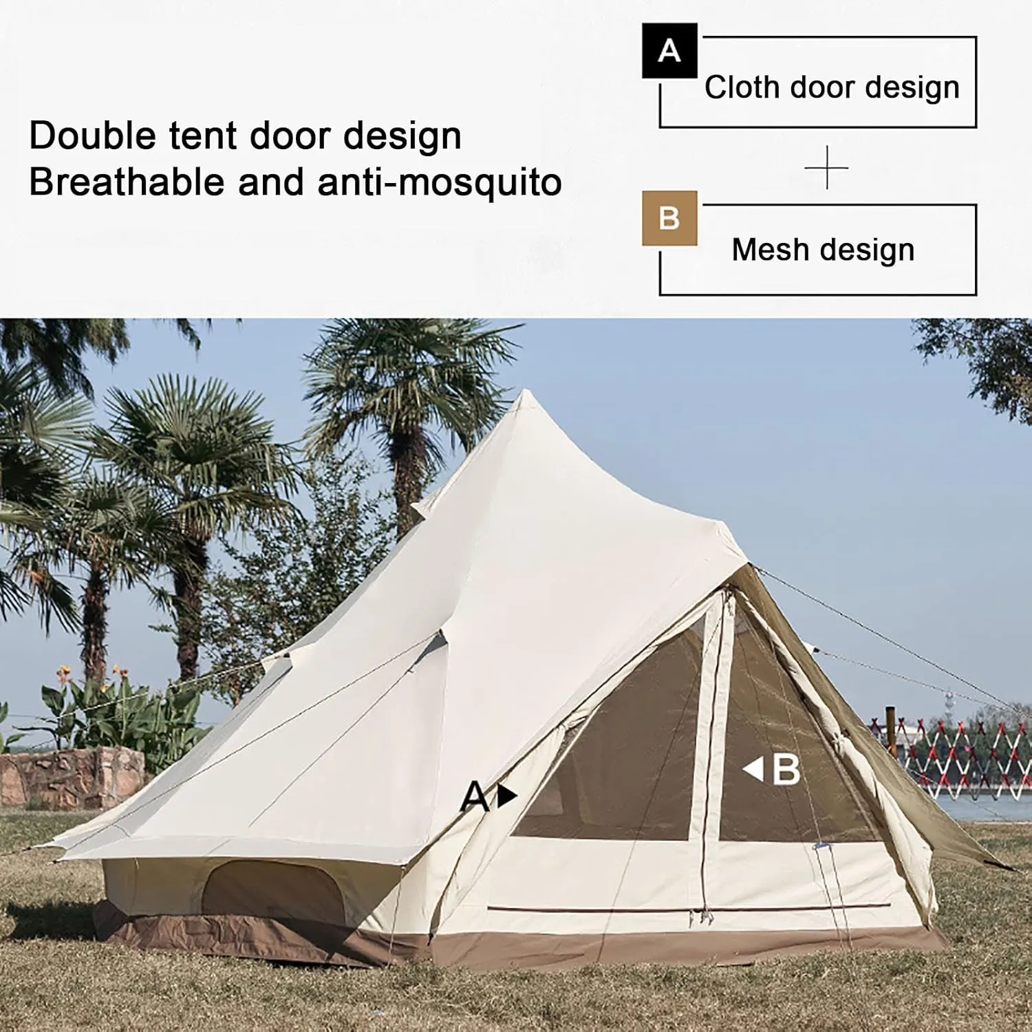 Outdoor Cotton Canvas Tent, Luxury Tents, Large Tents with Sturdy Center & Door Pole and Space for 5~6 Person All 4 Season Camping Style Tent