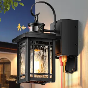 Outdoor Porch Light with GFCI Outlet, Motion Sensor Outdoor Light Fixtures Wall Mount, Black Exterior Wall Sconce Lantern with Ripple Glass, Anti-Rust Coach Lights for Garage, Patio, Front Door