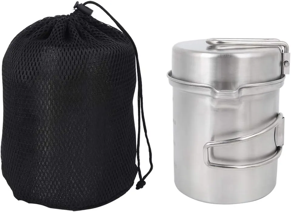 Outdoor Portable Stainless Steel Cookware Set Pot Cooker for Camping Hiking, and to, Foldable Handle with Storage
