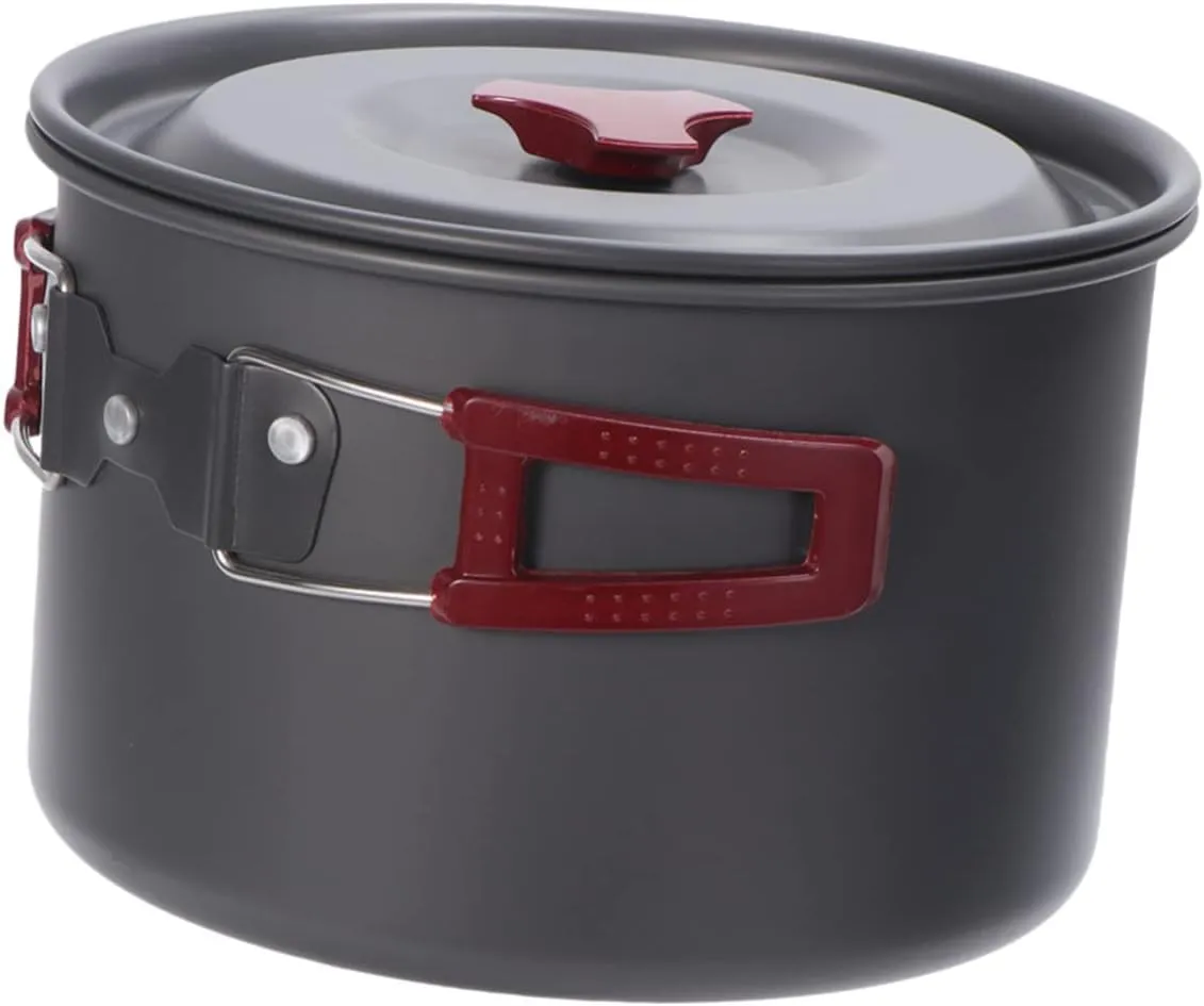Outdoor Single Pot Set Aluminum Alloy Camping Cooker Portable Cooking Pot Silicone Cover Non-Stick Surface for Hiking Grey