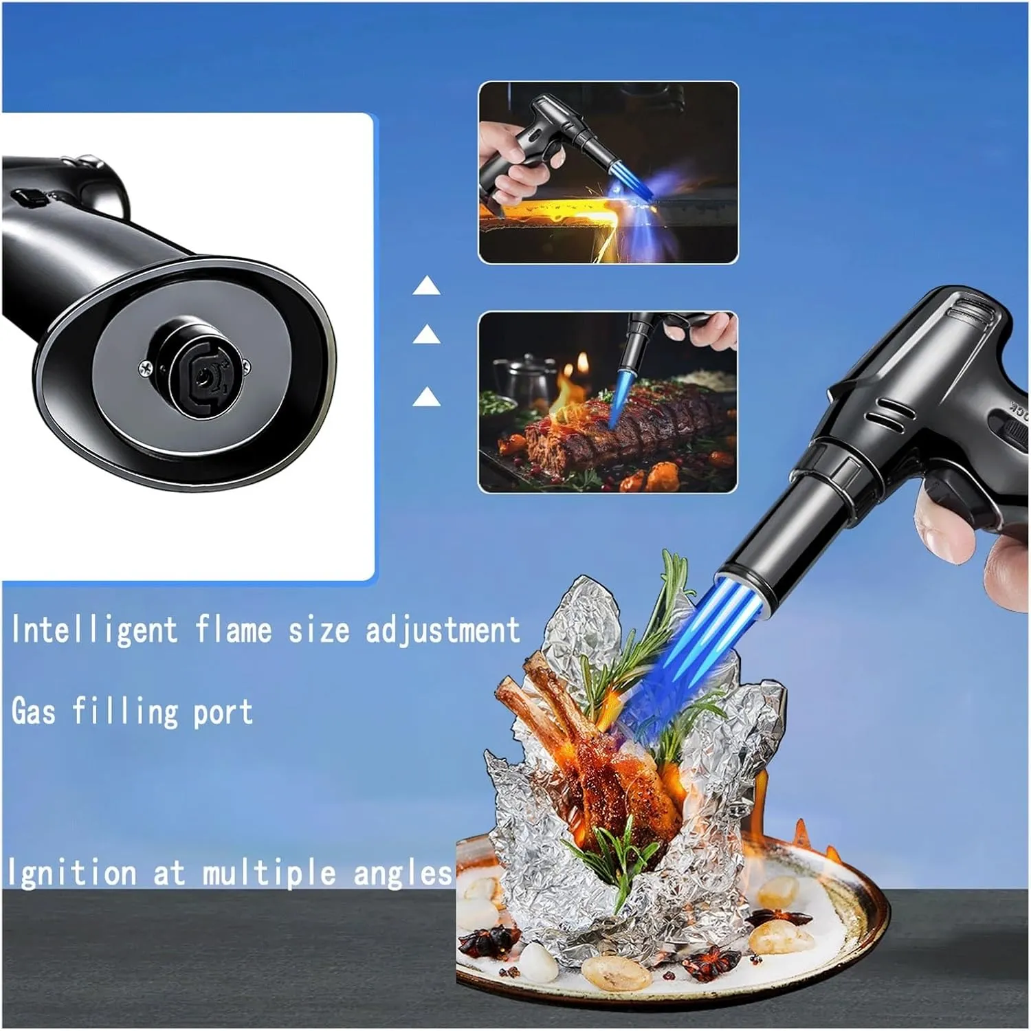 Outdoor Triple Windproof Flame Lockable fire refillable Adjustable Size Torch Lighter, Camping Candle Hiking (Butane not Included)(Silver)