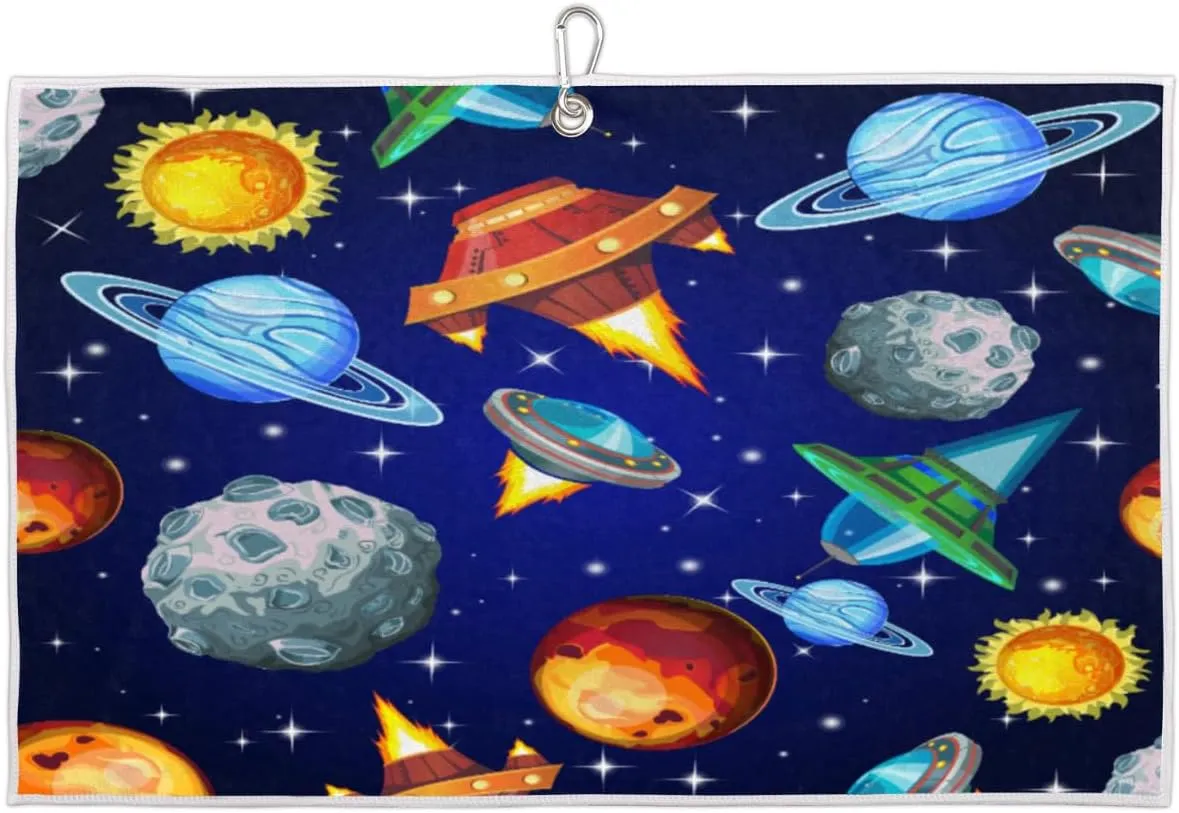 Outer Space Planet Golf Towel with Carabiner Clip Galactic Meteorite Golf Bag Towel Absorbent Microfiber 15“×24” Men Women Sports Accessories Towel