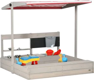 Outsunny Kids Sandbox with Canopy Adjustable, Wooden Sandbox Backyard Toy with Kitchen Playset Accessories, Outdoor Activity Gift for Girls and Boys, Ages 3-7