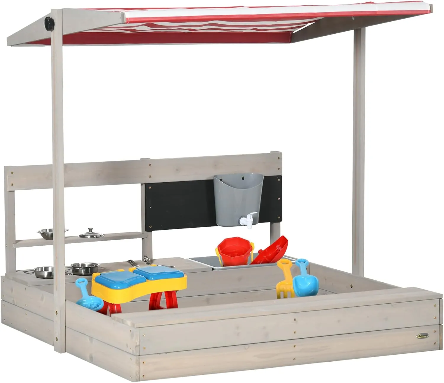 Outsunny Kids Sandbox with Canopy Adjustable, Wooden Sandbox Backyard Toy with Kitchen Playset Accessories, Outdoor Activity Gift for Girls and Boys, Ages 3-7