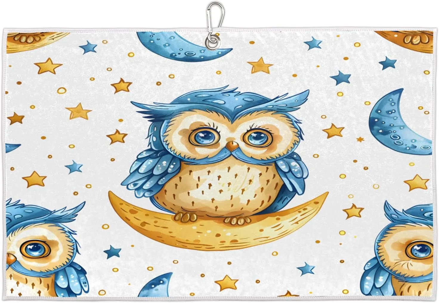 Owl Moon Stars Golf Towel with Heavy Duty Carabiner Ultra Absorbent Quick Dry Perfect for Cleaning Clubs Balls Gear Essential Golf Accessory for Men Women Kids