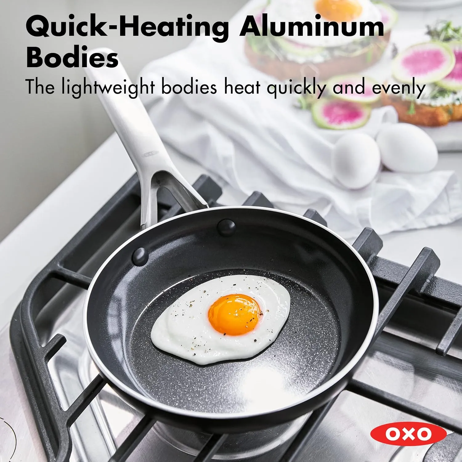 OXO Agility Series 8" Frying Pan Skillet, Ceramic Nonstick Cookware PFAS-Free, Induction Suitable, Quick Even Heating, Stainless Steel Handle, Chip-Free Rims, Dishwasher and Oven Safe, Black