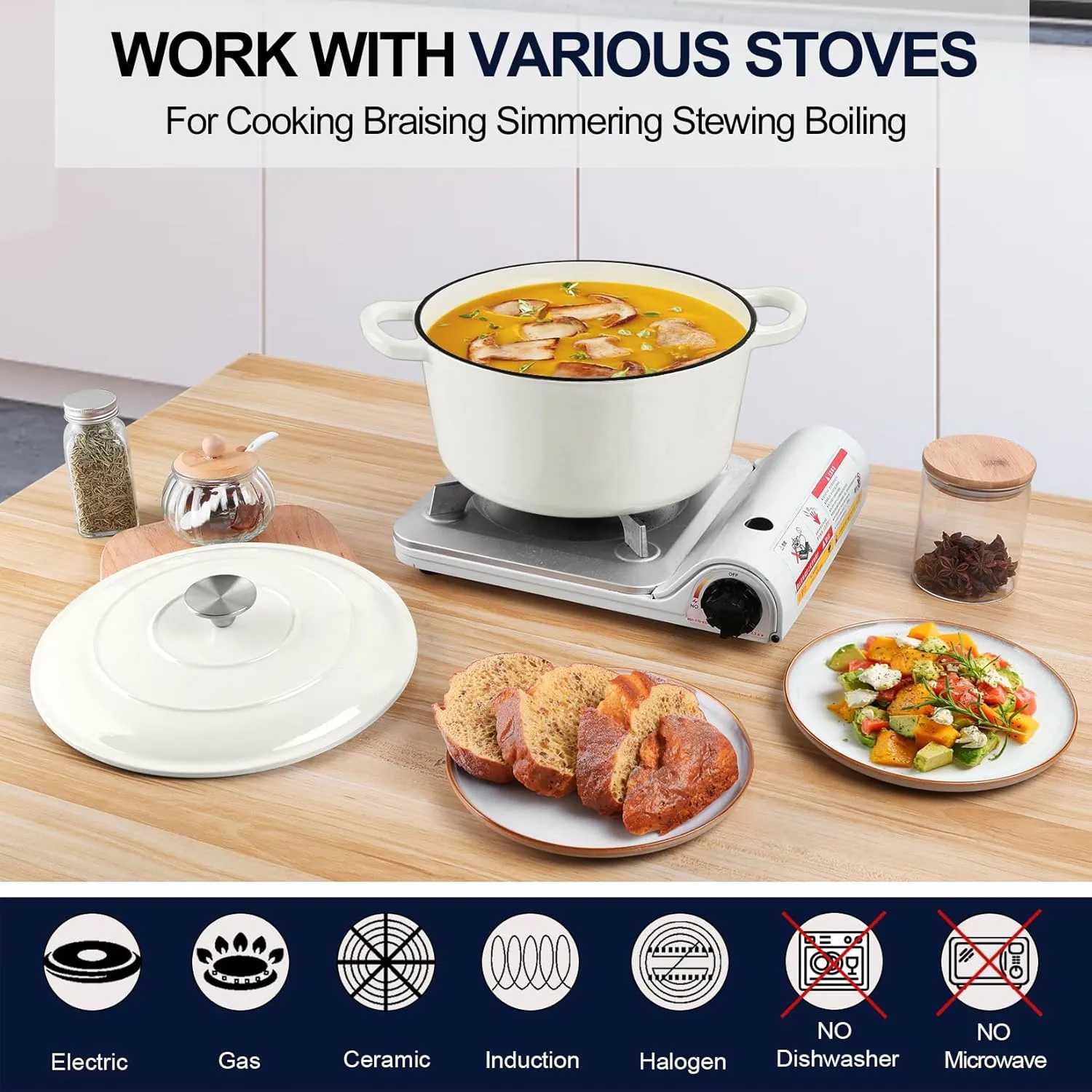 P&P CHEF 6 Quart Enameled Dutch Oven with Lid, Cast Iron Dutch Oven Pot, Enamel Round Cooking Stock Pot for Braising, Stewing, Roasting, Baking, Fit Various Stoves, (6 QT, White)
