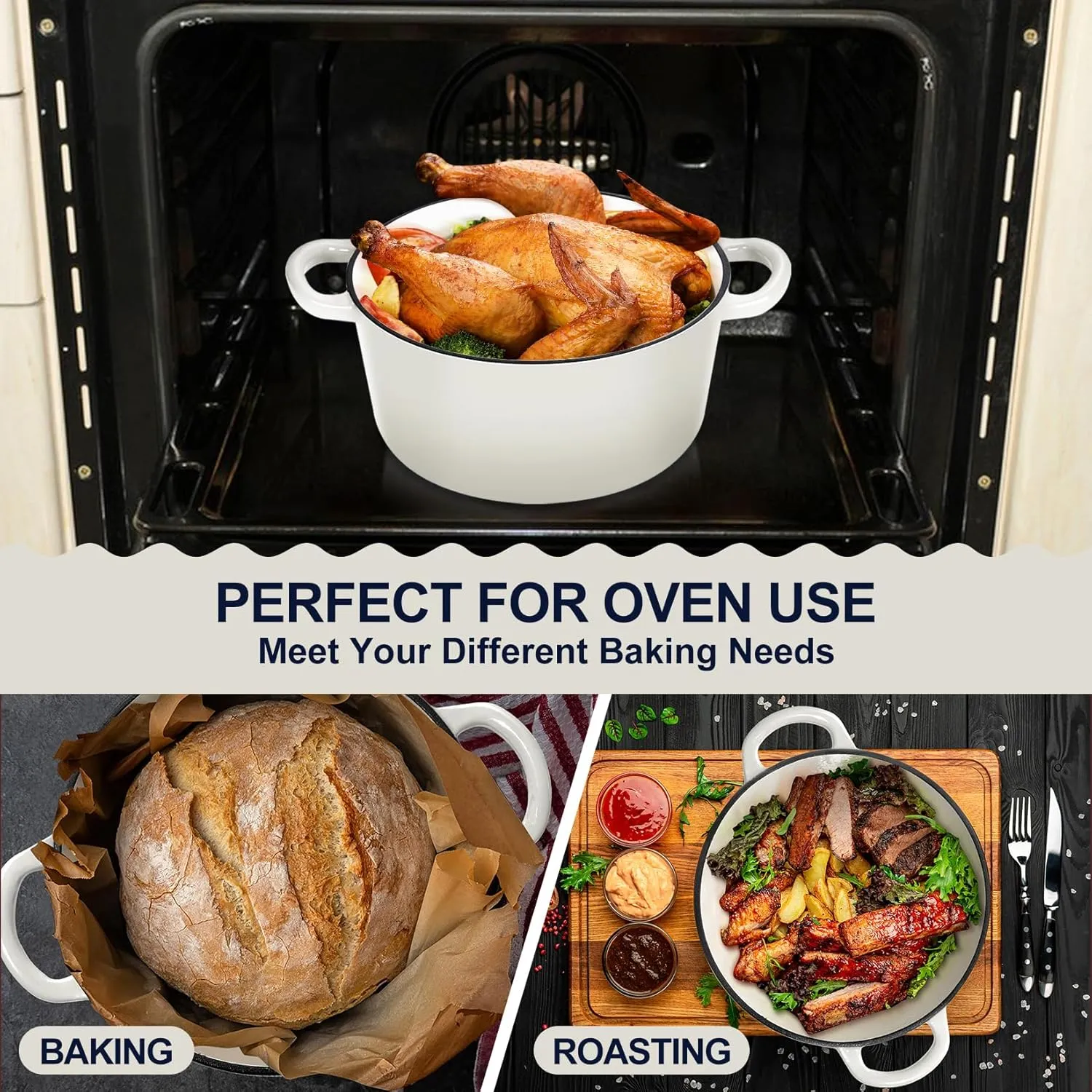 P&P CHEF 6 Quart Enameled Dutch Oven with Lid, Cast Iron Dutch Oven Pot, Enamel Round Cooking Stock Pot for Braising, Stewing, Roasting, Baking, Fit Various Stoves, (6 QT, White)