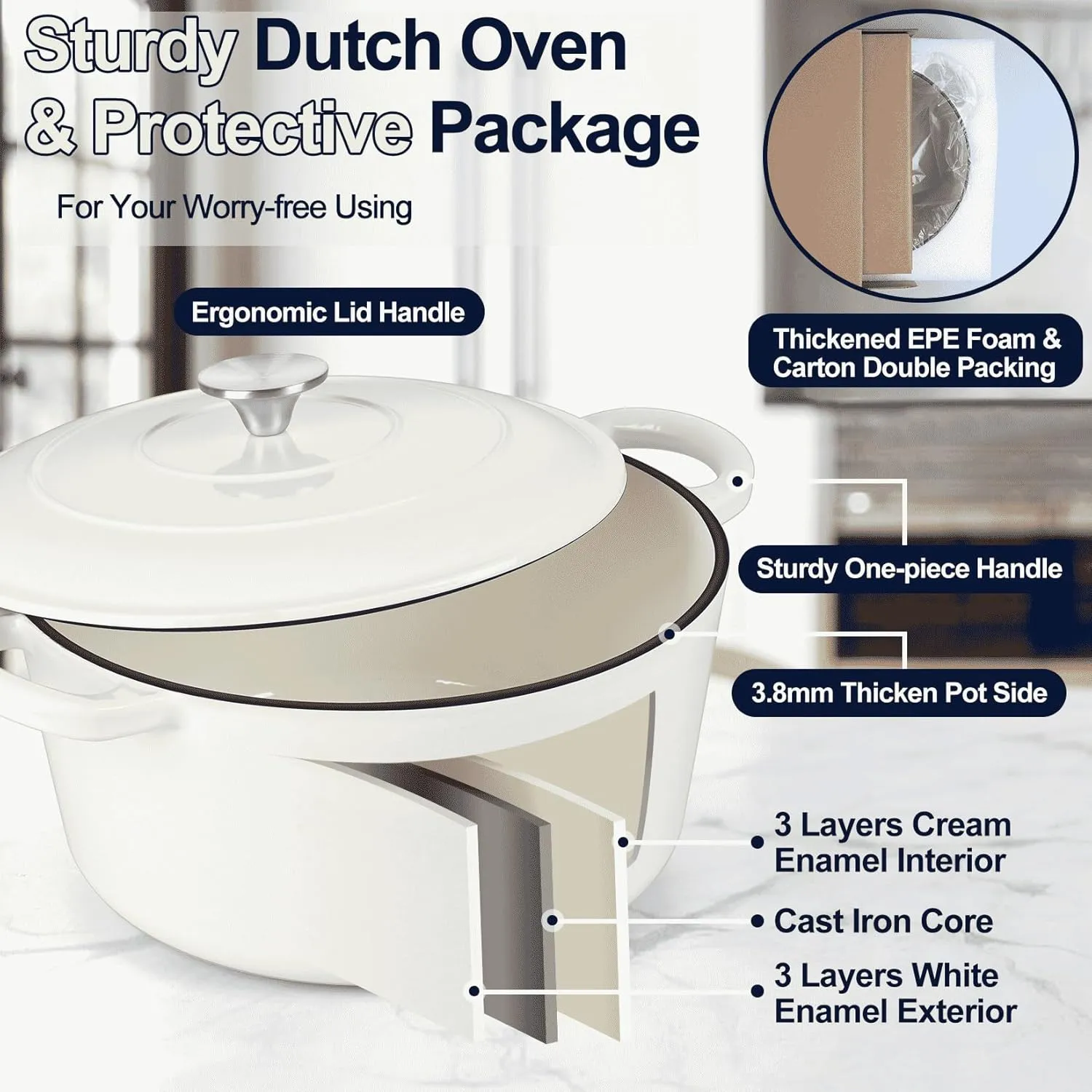 P&P CHEF 6 Quart Enameled Dutch Oven with Lid, Cast Iron Dutch Oven Pot, Enamel Round Cooking Stock Pot for Braising, Stewing, Roasting, Baking, Fit Various Stoves, (6 QT, White)