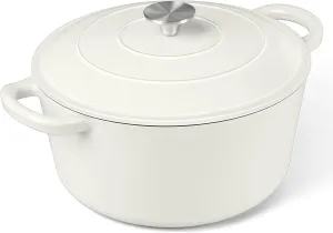 P&P CHEF 6 Quart Enameled Dutch Oven with Lid, Cast Iron Dutch Oven Pot, Enamel Round Cooking Stock Pot for Braising, Stewing, Roasting, Baking, Fit Various Stoves, (6 QT, White)