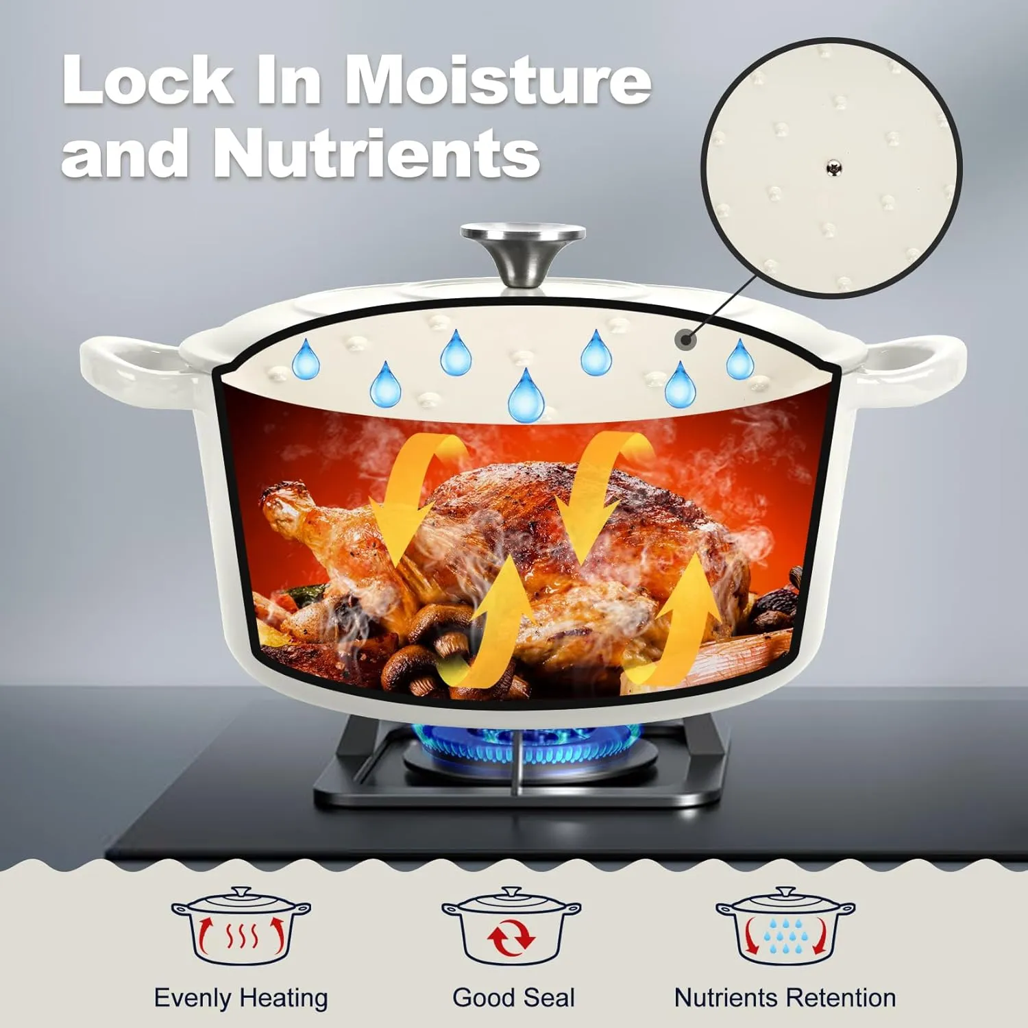 P&P CHEF 6 Quart Enameled Dutch Oven with Lid, Cast Iron Dutch Oven Pot, Enamel Round Cooking Stock Pot for Braising, Stewing, Roasting, Baking, Fit Various Stoves, (6 QT, White)