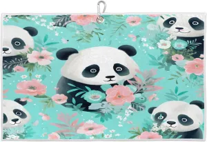 Pandas Flowers Golf Towel with Heavy Duty Carabiner Ultra Absorbent Quick Dry Perfect for Cleaning Clubs Balls Gear Essential Golf Accessory for Men Women Kids