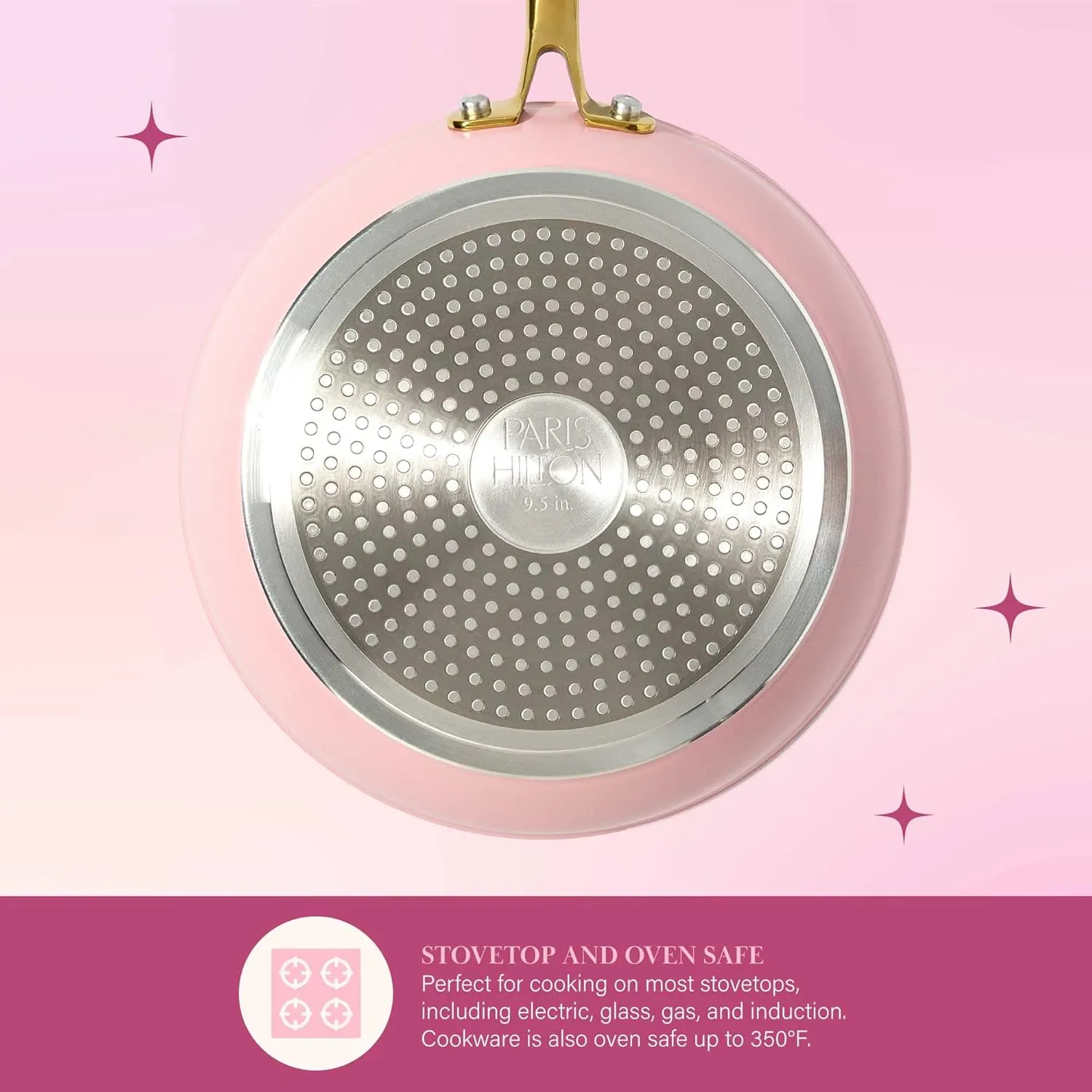 Paris Hilton Iconic Nonstick Pots and Pans Set, Multi-layer Nonstick Coating, Matching Lids With Gold Handles, Made without PFOA, Dishwasher Safe Cookware Set, 10-Piece, Pink