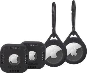 Pelican Protector - AirTag Holder w/ 3M Adhesive Sticker & AirTag Case w/ Carabiner Clip - Protective Shockproof Air Tags Keychain for Bike Wallet Car Luggage Bags Dog Collar Mount - [4 Pack, Black]