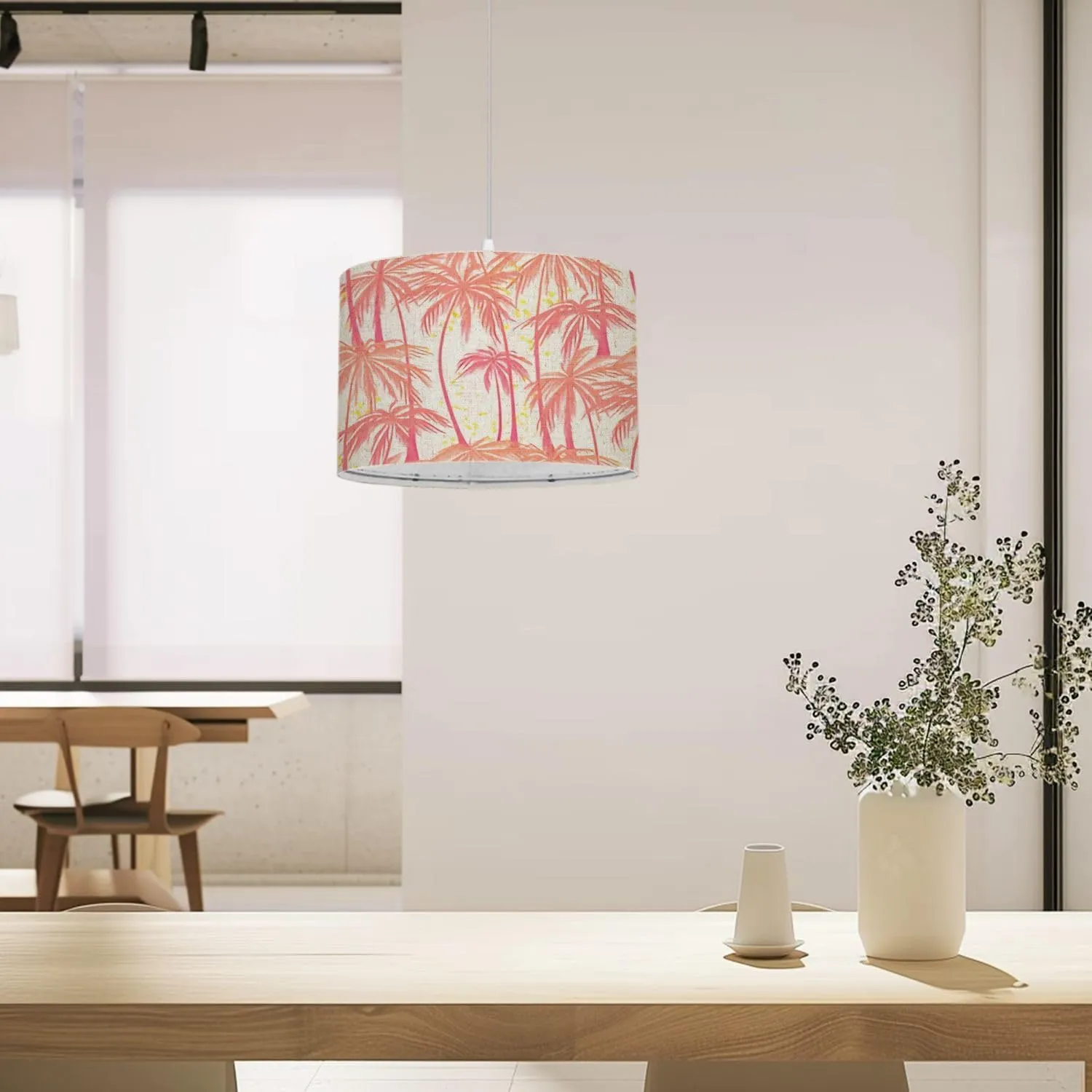 Pendant Light Print Pink Palm Trees Seamless White for Hanging Light Fixture with Fabric Shade Dimmable Ceiling Lamp for Kitchen Island Living Room Corridor Bar Bedroom
