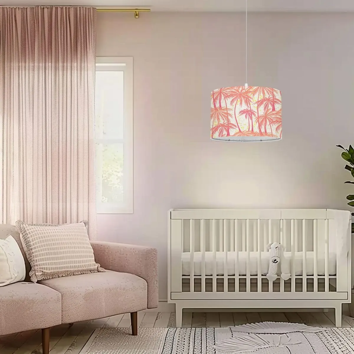Pendant Light Print Pink Palm Trees Seamless White for Hanging Light Fixture with Fabric Shade Dimmable Ceiling Lamp for Kitchen Island Living Room Corridor Bar Bedroom