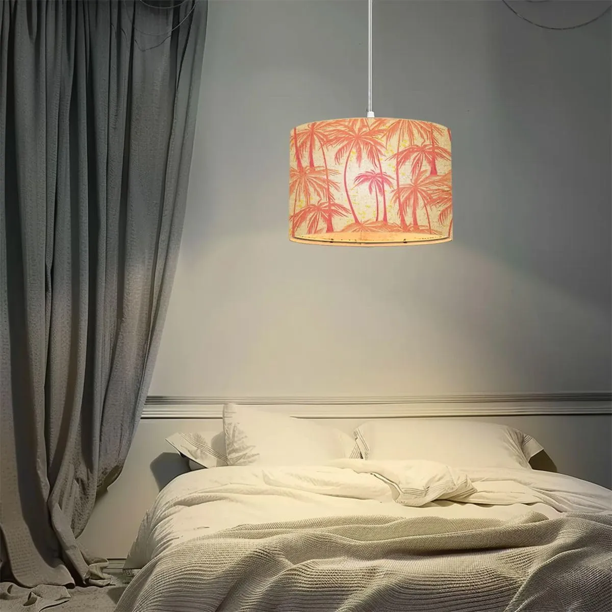 Pendant Light Print Pink Palm Trees Seamless White for Hanging Light Fixture with Fabric Shade Dimmable Ceiling Lamp for Kitchen Island Living Room Corridor Bar Bedroom