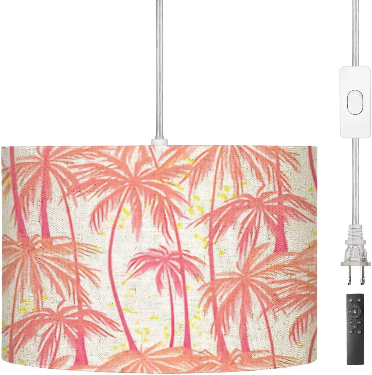 Pendant Light Print Pink Palm Trees Seamless White for Hanging Light Fixture with Fabric Shade Dimmable Ceiling Lamp for Kitchen Island Living Room Corridor Bar Bedroom