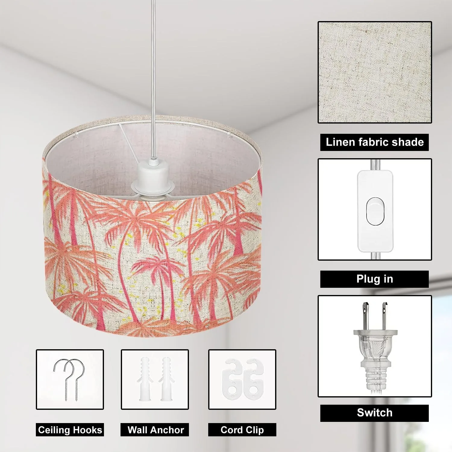 Pendant Light Print Pink Palm Trees Seamless White for Hanging Light Fixture with Fabric Shade Dimmable Ceiling Lamp for Kitchen Island Living Room Corridor Bar Bedroom