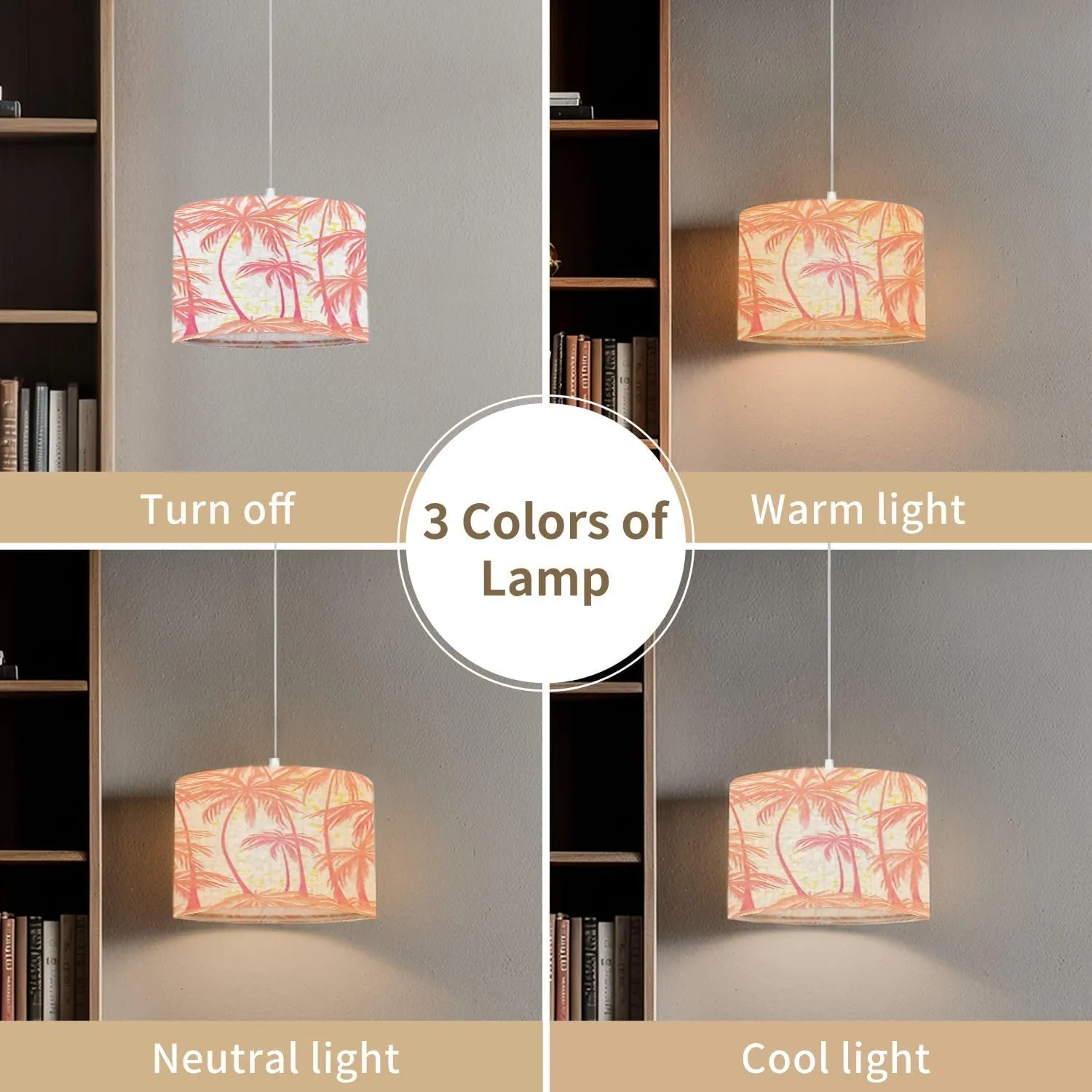 Pendant Light Print Pink Palm Trees Seamless White for Hanging Light Fixture with Fabric Shade Dimmable Ceiling Lamp for Kitchen Island Living Room Corridor Bar Bedroom