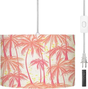 Pendant Light Print Pink Palm Trees Seamless White for Hanging Light Fixture with Fabric Shade Dimmable Ceiling Lamp for Kitchen Island Living Room Corridor Bar Bedroom