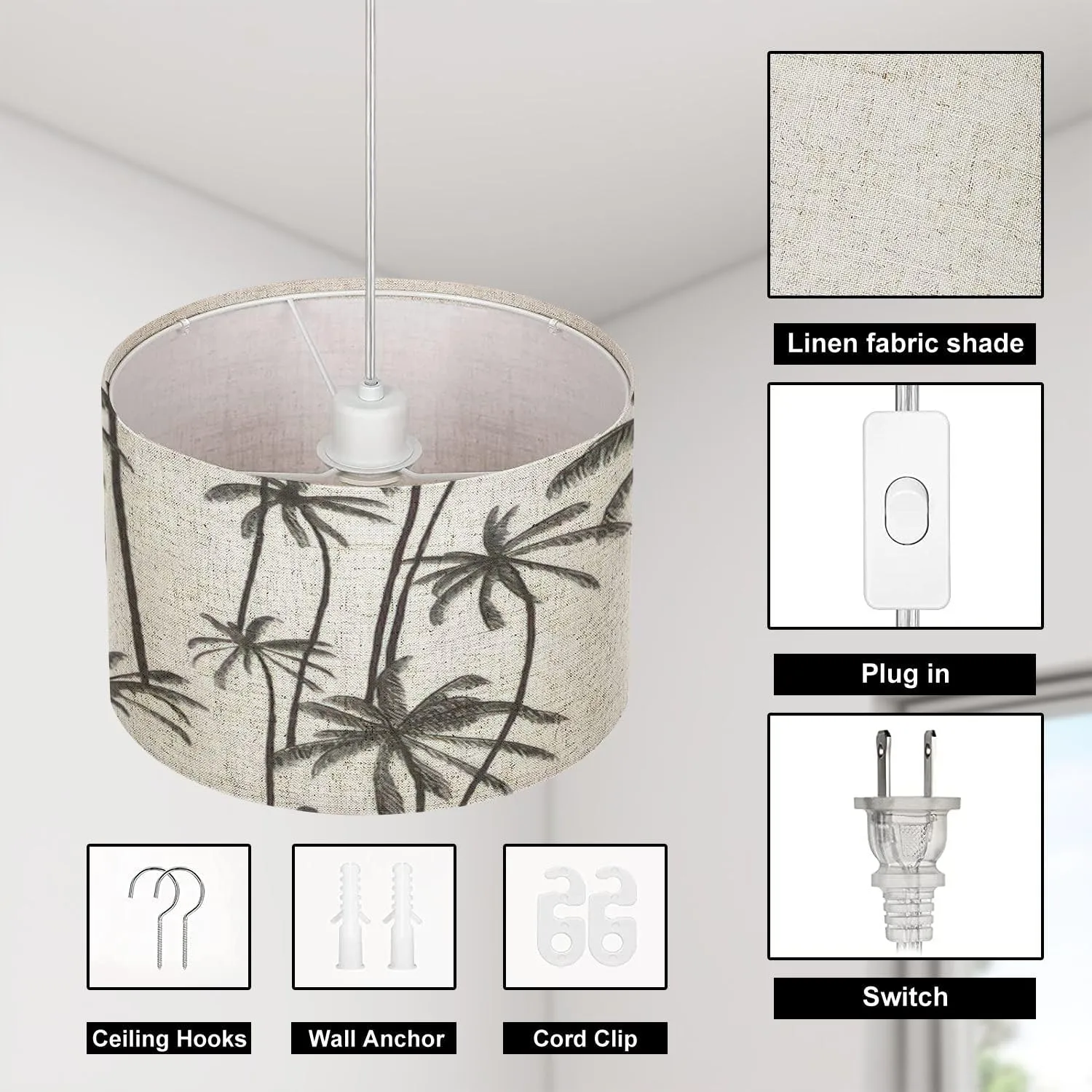 Pendant Light Tropical Palm Trees Hand Drawn for Swimwear Fabric Hanging Light Fixture with Fabric Shade Dimmable Ceiling Lamp for Kitchen Island Living Room Corridor Bar Bedroom