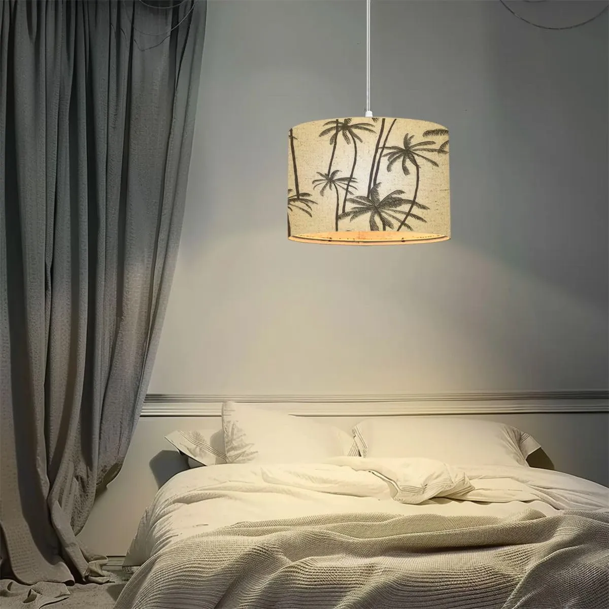 Pendant Light Tropical Palm Trees Hand Drawn for Swimwear Fabric Hanging Light Fixture with Fabric Shade Dimmable Ceiling Lamp for Kitchen Island Living Room Corridor Bar Bedroom