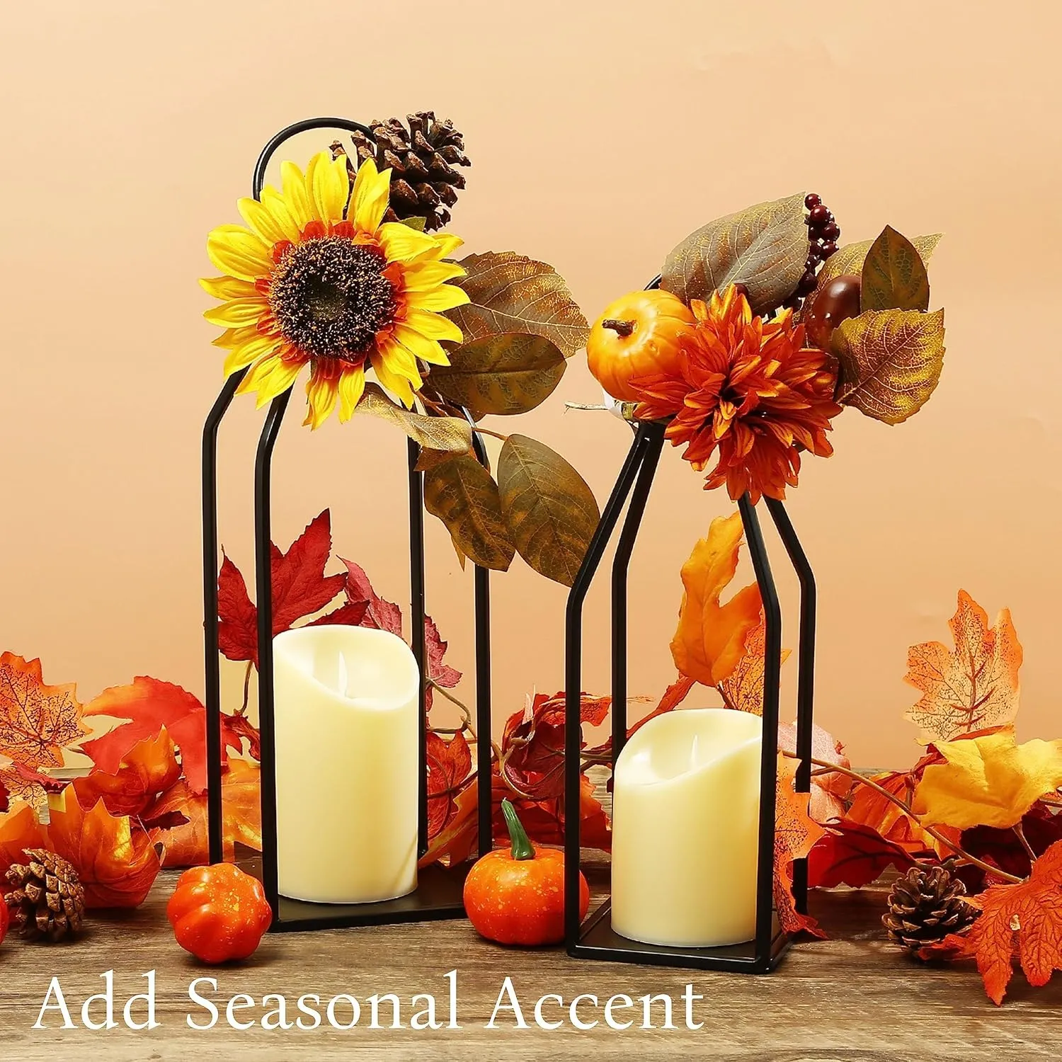 Perfnique Modern Farmhouse Lantern Decor, 15'' 13'' Set of 2 Black Metal Lantern, 2 LED 6hr Timer Flameless Candles ＆ Remote Timer, Lanterns Decorative for Outdoor, Home, Indoor, Patio, Christmas